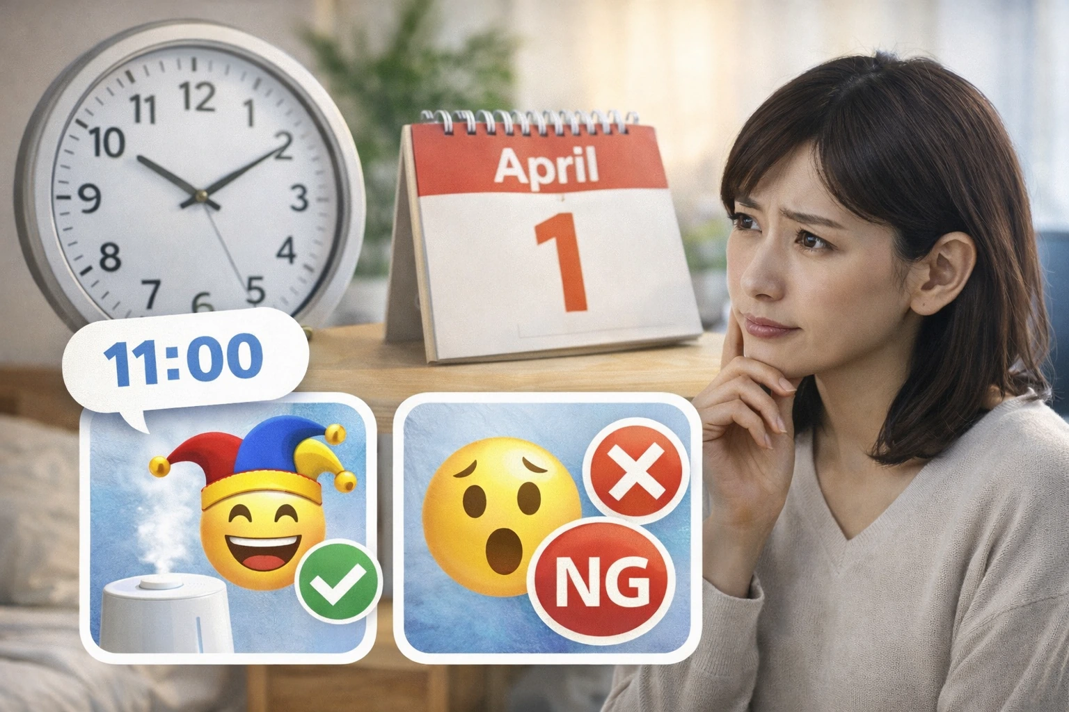 エイプリルフールの午前中ルールをイメージした時計と4月1日のカレンダーの前で考える女性の写真