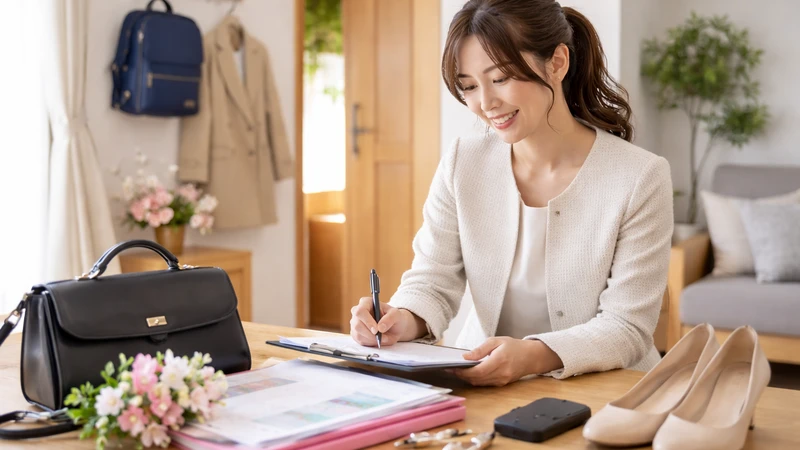 入学式の準備をする女性がチェックリストを確認している写真