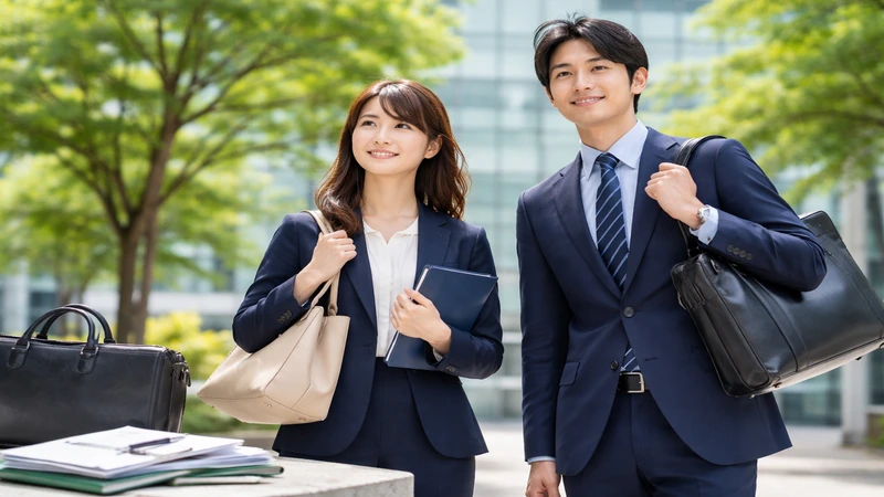 入社式に向かう20代の男女がスーツ姿でオフィスビル前に立つ様子