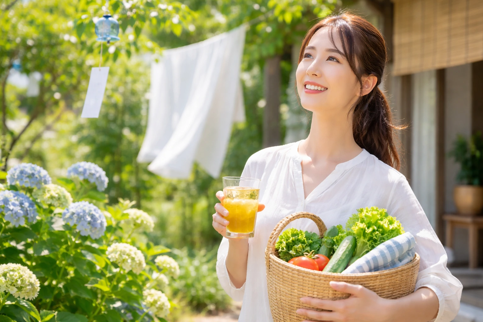初夏の庭で麦茶を手に微笑む女性と、かごに入った夏野菜の写真