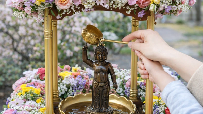 花で飾られた花御堂の誕生仏に甘茶をかける手元の写真