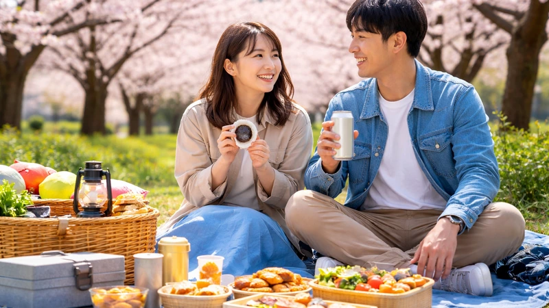 桜が満開の公園で、カップルがレジャーシートに座り花見を楽しんでいる様子