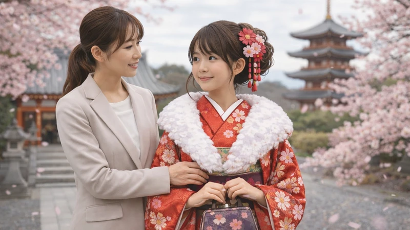 十三参りの参拝で、桜の咲く寺社の境内で母親が娘に寄り添って見守っている様子