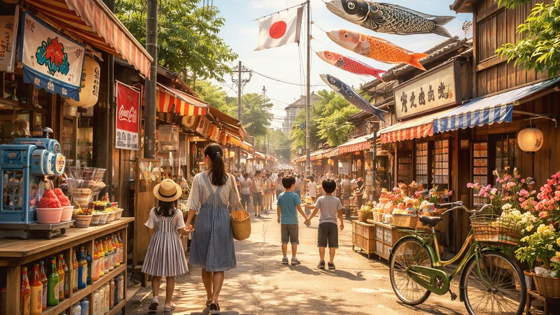 昭和の日をイメージした、昔ながらの商店街で鯉のぼりが泳ぎ、屋台や自転車が並ぶ懐かしい風景